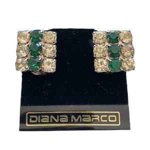 Vintage Diane Marco Emerald Green And Clear Rhinestone Earrings